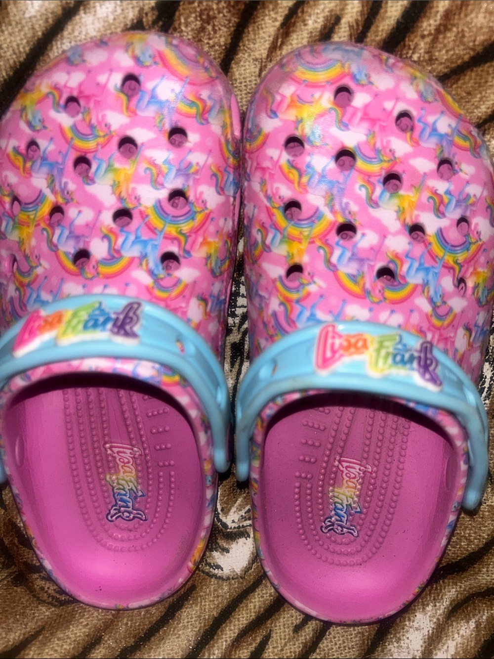 CROCS Pink Unicorn & Rainbow Kids Clogs with Light Blue Strap